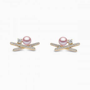 Sleek 18K Gold Pearl and Mini Diamond Cross Stud Earrings