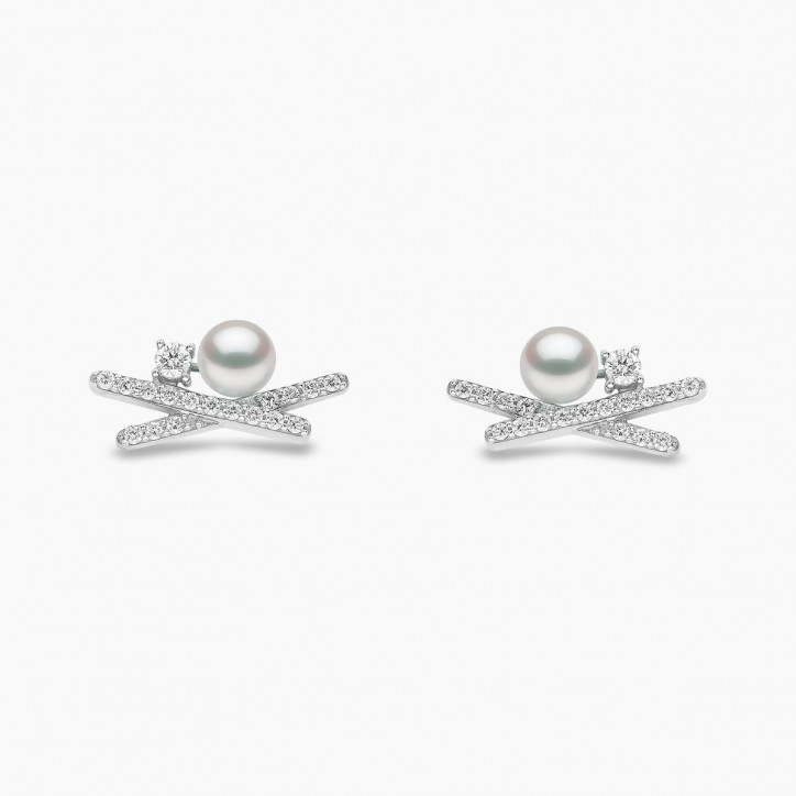 Sleek 18K Gold Pearl and Mini Diamond Cross Stud Earrings