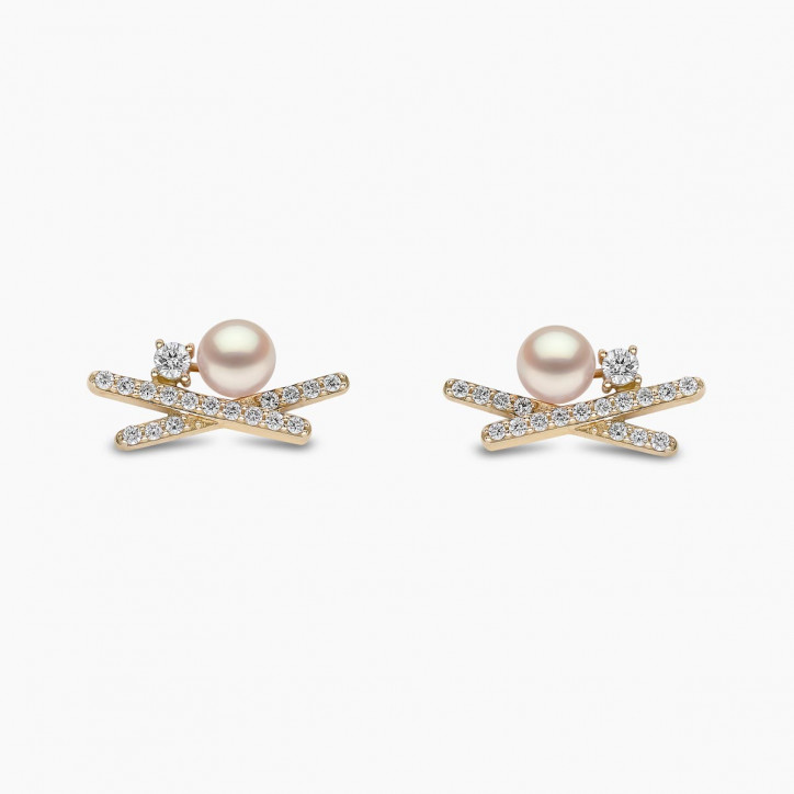 Sleek 18K Gold Pearl and Mini Diamond Cross Stud Earrings