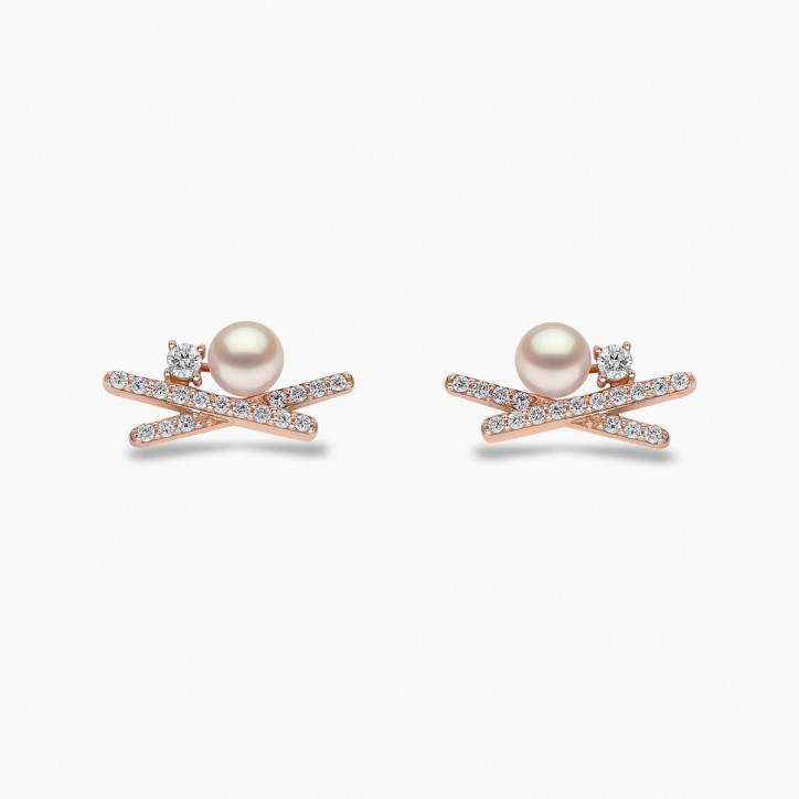 Sleek 18K Gold Pearl and Mini Diamond Cross Stud Earrings