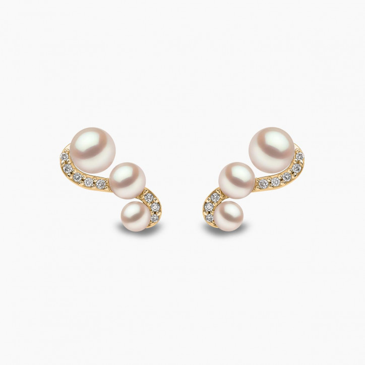 Sleek 18K Gold Triple Pearl and Diamond Motif Stud Earrings