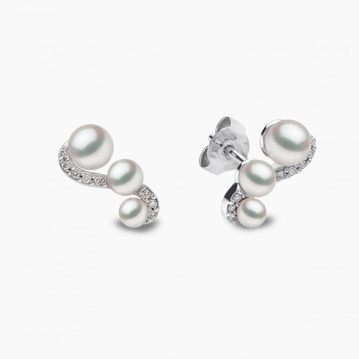 Sleek 18K Gold Triple Pearl and Diamond Motif Stud Earrings