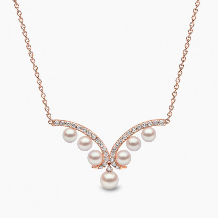 Sleek 18K Gold Pearl and Diamond Curve V Necklace