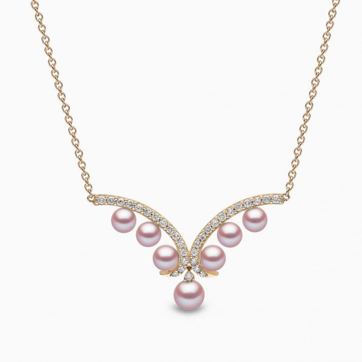 Sleek 18K Gold Pearl and Diamond Curve V Necklace