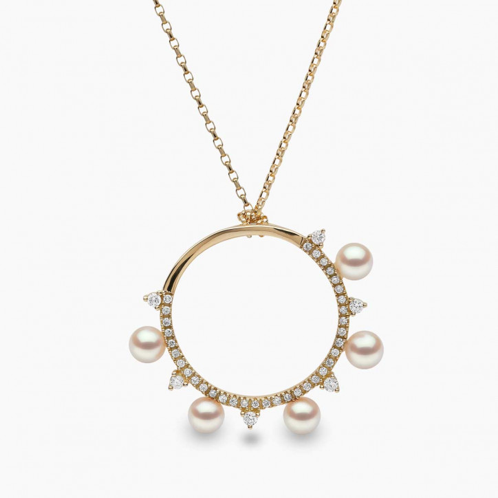 Sleek 18K Gold Pearl and Diamond Circle Pendant