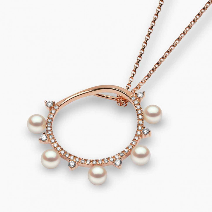 Sleek 18K Gold Pearl and Diamond Circle Pendant