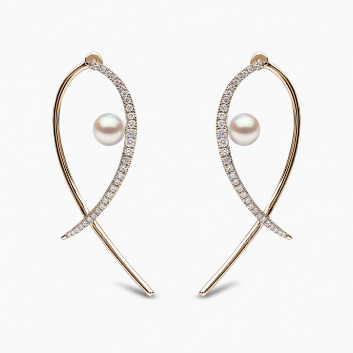 Sleek 18 Gold Floating Pearl and Diamond Cross Earrings