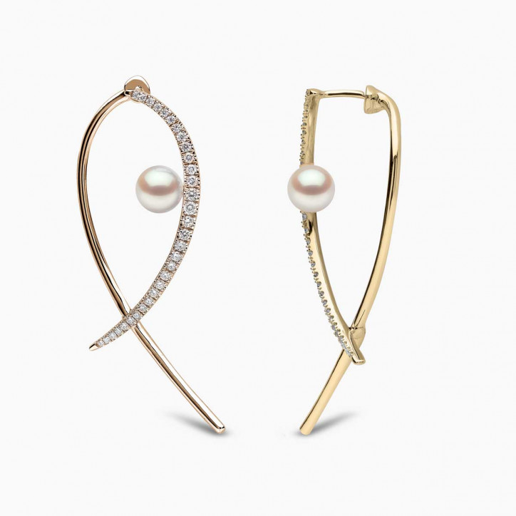 Sleek 18 Gold Floating Pearl and Diamond Cross Earrings