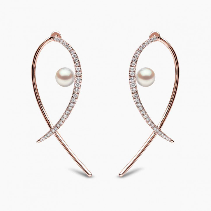 Sleek 18 Gold Floating Pearl and Diamond Cross Earrings