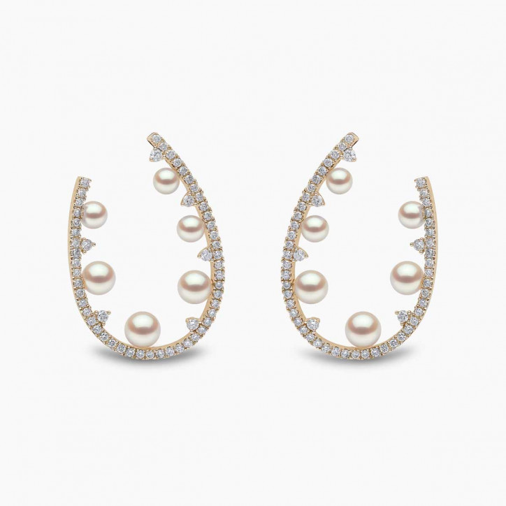 Sleek 18K Gold Pearl and Diamond Silhouette Earrings