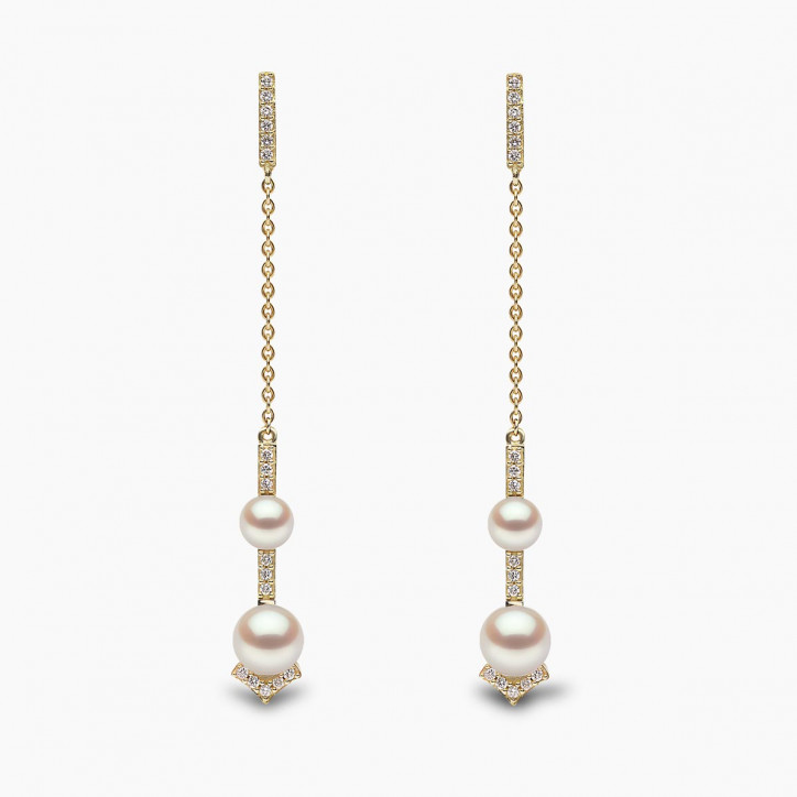 Trend 18K Gold Double Freshwater Pearl and Diamond V Chain Earrings