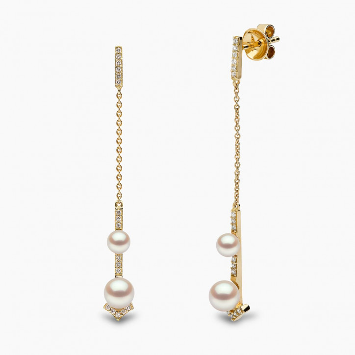 Trend 18K Gold Double Freshwater Pearl and Diamond V Chain Earrings