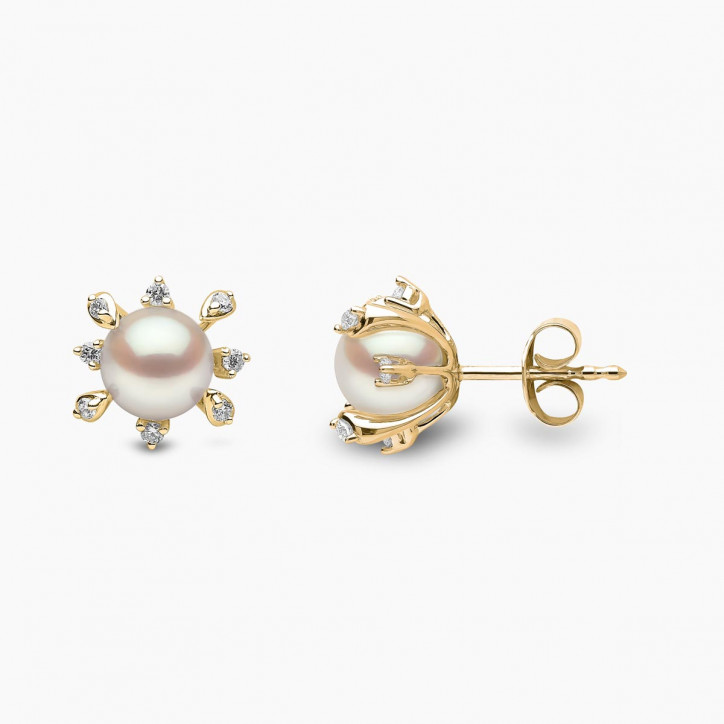 Trend 18K Gold Freshwater Pearl And Multi Diamond Stud Earrings