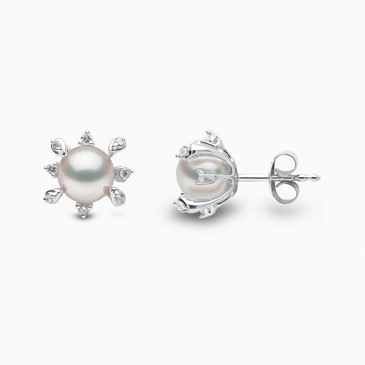 Trend 18K Gold Freshwater Pearl And Multi Diamond Stud Earrings