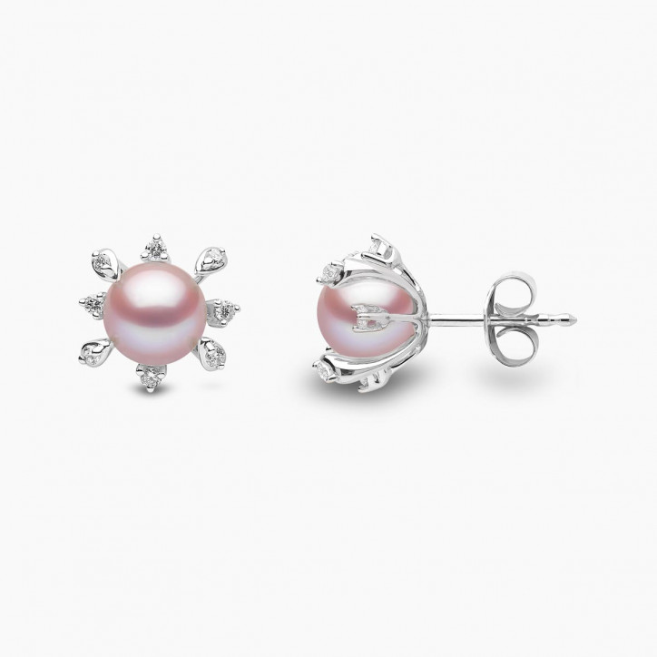 Trend 18K Gold Freshwater Pearl And Multi Diamond Stud Earrings