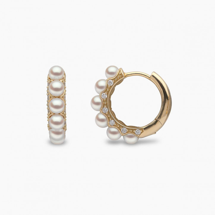 Eclipse 18K Gold Pearl and Diamond Huggie Hoop Earrings