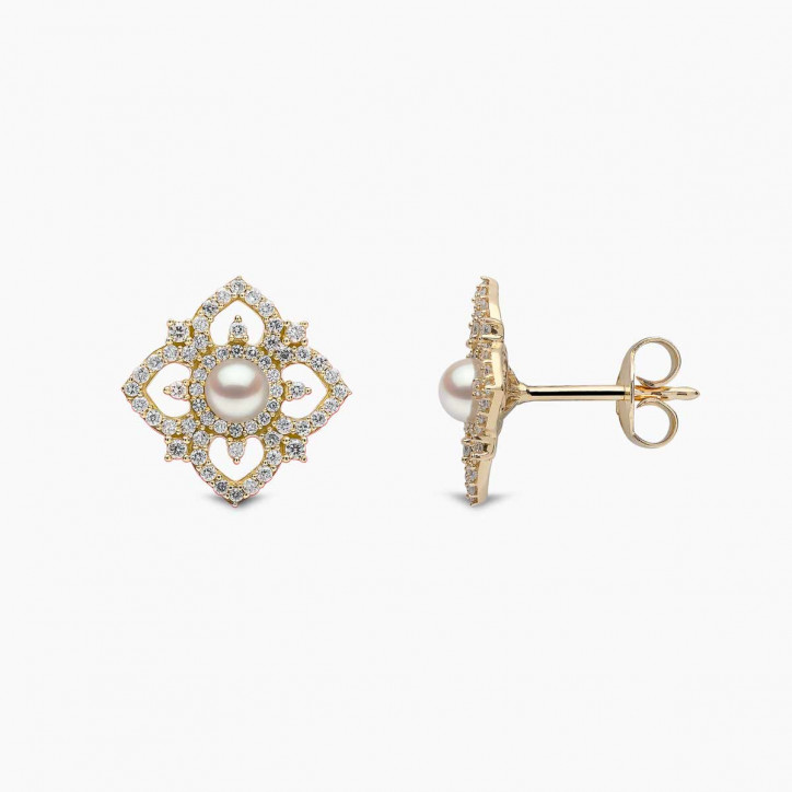 Petal 18K Gold Pearl and Diamond Bloom Earrings