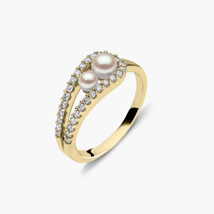Sleek 18K Gold Double Pearl and Diamond Ring