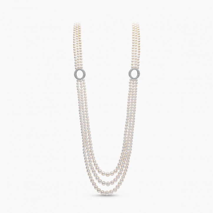 O by Yoko Триредова огърлица от сладководни перли и диаманти от 18K бяло злато