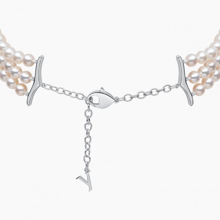 O by Yoko Триредова огърлица от сладководни перли и диаманти от 18K бяло злато