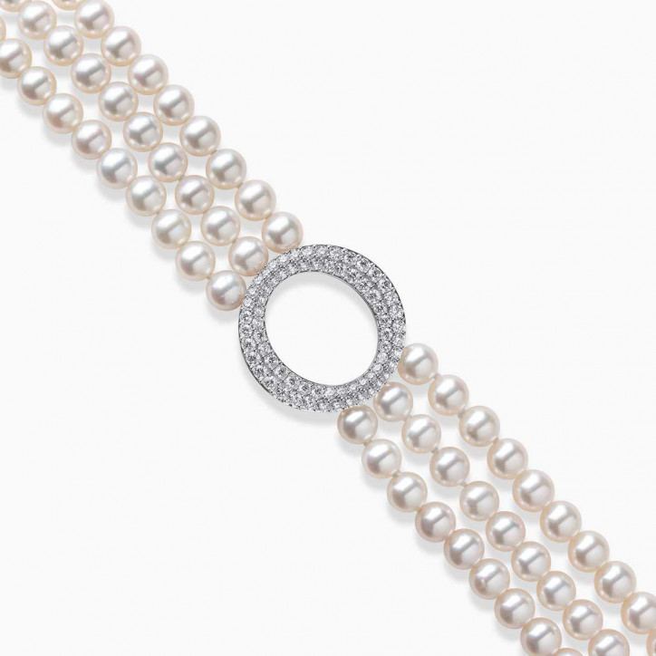 O by Yoko Триредова огърлица от сладководни перли и диаманти от 18K бяло злато