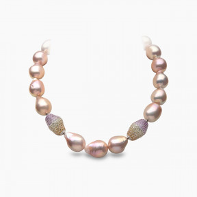 Baroque 18K Gold Pink Freshwater Pearl and Diamond Strand Necklace