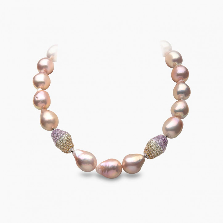 Baroque 18K Gold Pink Freshwater Pearl and Diamond Strand Necklace