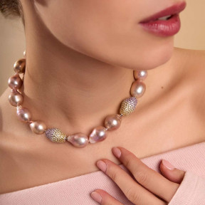 Baroque 18K Gold Pink Freshwater Pearl and Diamond Strand Necklace