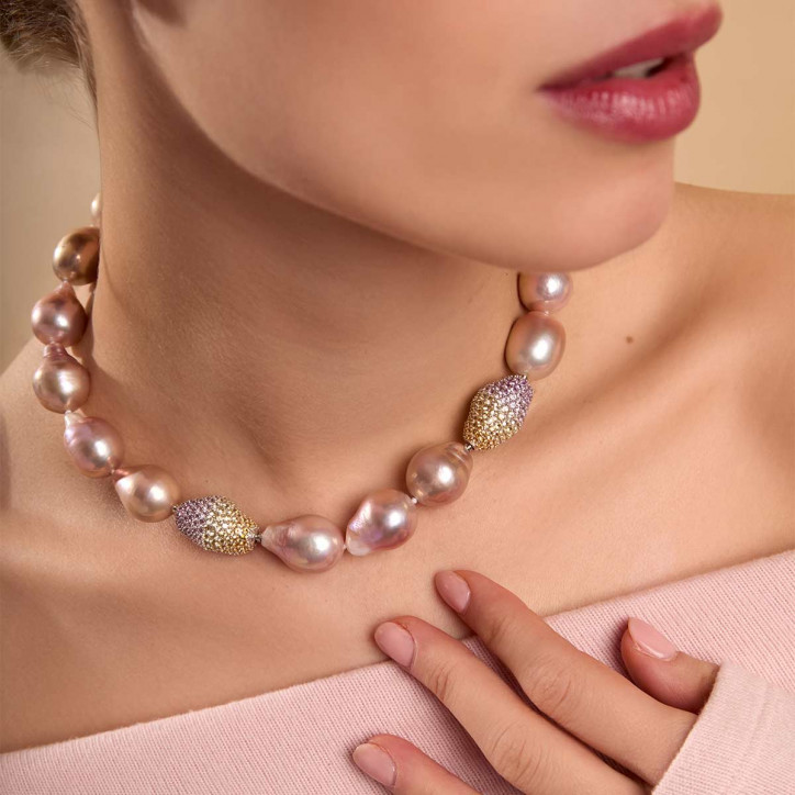 Baroque 18K Gold Pink Freshwater Pearl and Diamond Strand Necklace