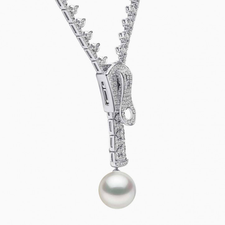 Zyyp 18K White Gold Multi Pearl and Diamond Zip Necklace