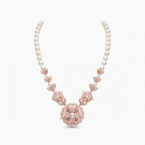 Cleopatra 18K Gold Freshwater Pearl Diamond and Pink Opal Necklace