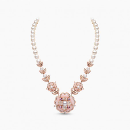 Cleopatra 18K Gold Freshwater Pearl Diamond and Pink Opal Necklace