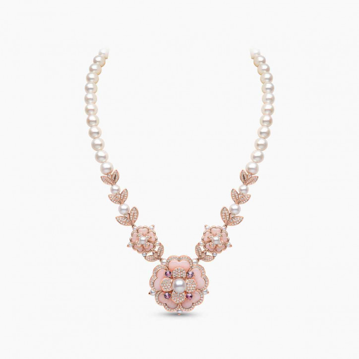 Cleopatra 18K Gold Freshwater Pearl Diamond and Pink Opal Necklace