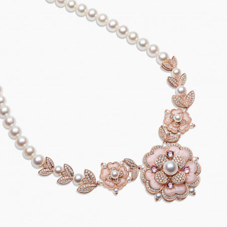Cleopatra 18K Gold Freshwater Pearl Diamond and Pink Opal Necklace