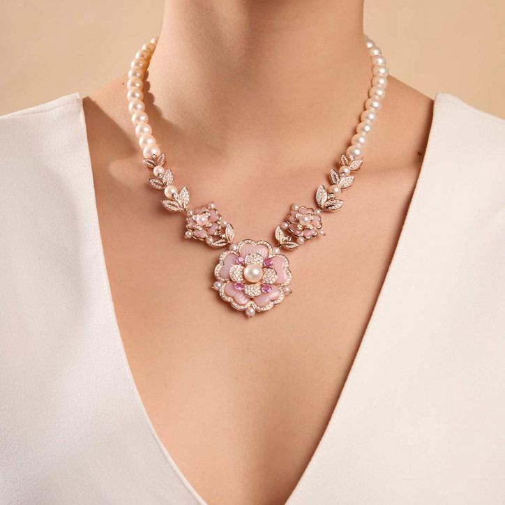 Cleopatra 18K Gold Freshwater Pearl Diamond and Pink Opal Necklace