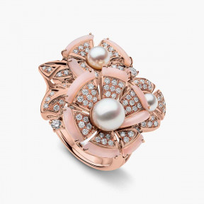 Cleopatra 18K Gold Freshwater Pearl Diamond and Pink Opal Ring