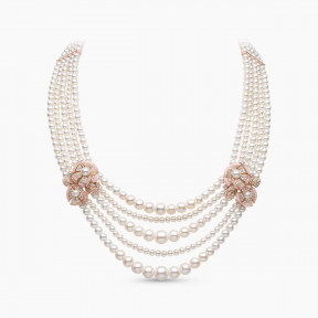 Cleopatra 18K Gold Freshwater Pearl Diamond and Pink Opal Necklace