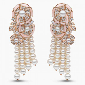 Cleopatra 18K Gold Freshwater Pearl Diamond and Pink Opal Earring
