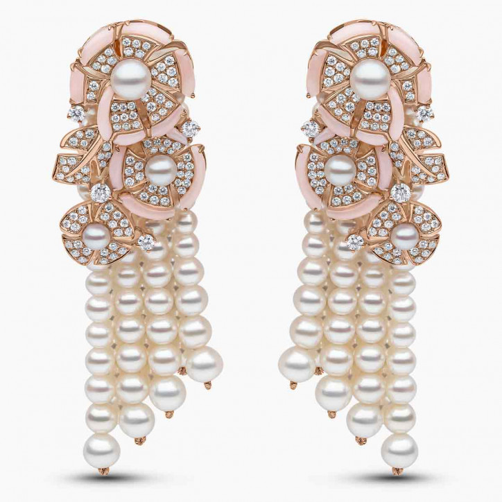 Cleopatra 18K Gold Freshwater Pearl Diamond and Pink Opal Earring