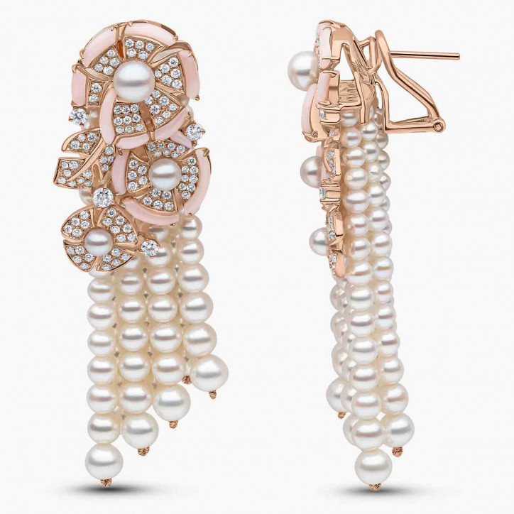Cleopatra 18K Gold Freshwater Pearl Diamond and Pink Opal Earring