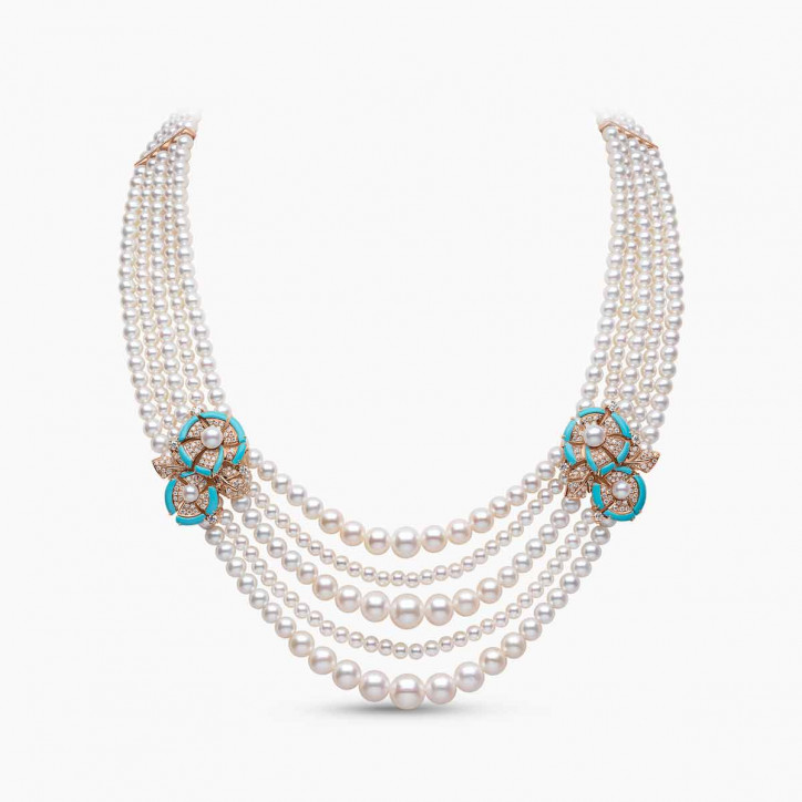 Cleopatra 18K Gold Freshwater Pearl Diamond and Turquoise Necklace