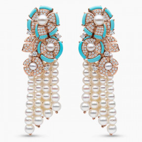 Cleopatra 18K Gold Freshwater Pearl Diamond and Turquoise Earring