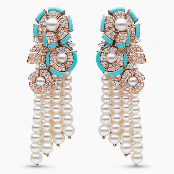 Cleopatra 18K Gold Freshwater Pearl Diamond and Turquoise Earring