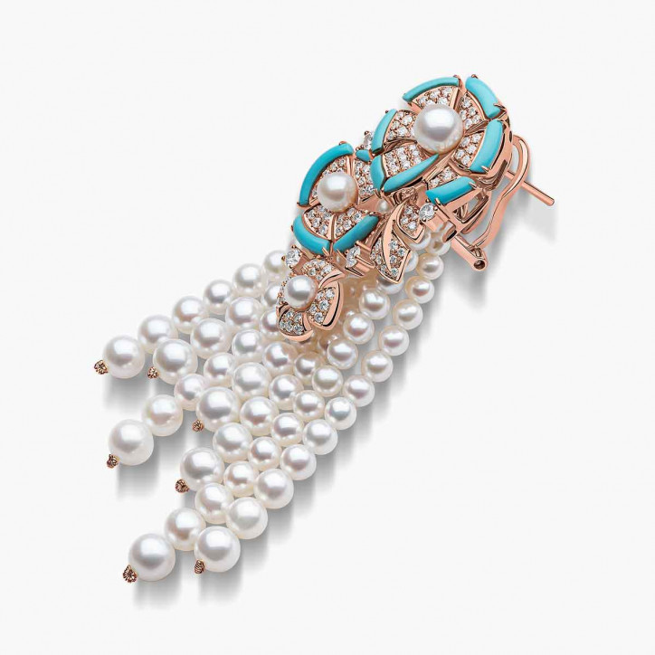 Cleopatra 18K Gold Freshwater Pearl Diamond and Turquoise Earring