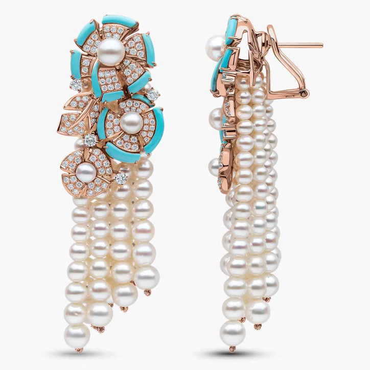 Cleopatra 18K Gold Freshwater Pearl Diamond and Turquoise Earring
