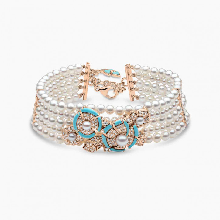 Cleopatra 18K Gold Freshwater Pearl Diamond and Turquoise Bracelet