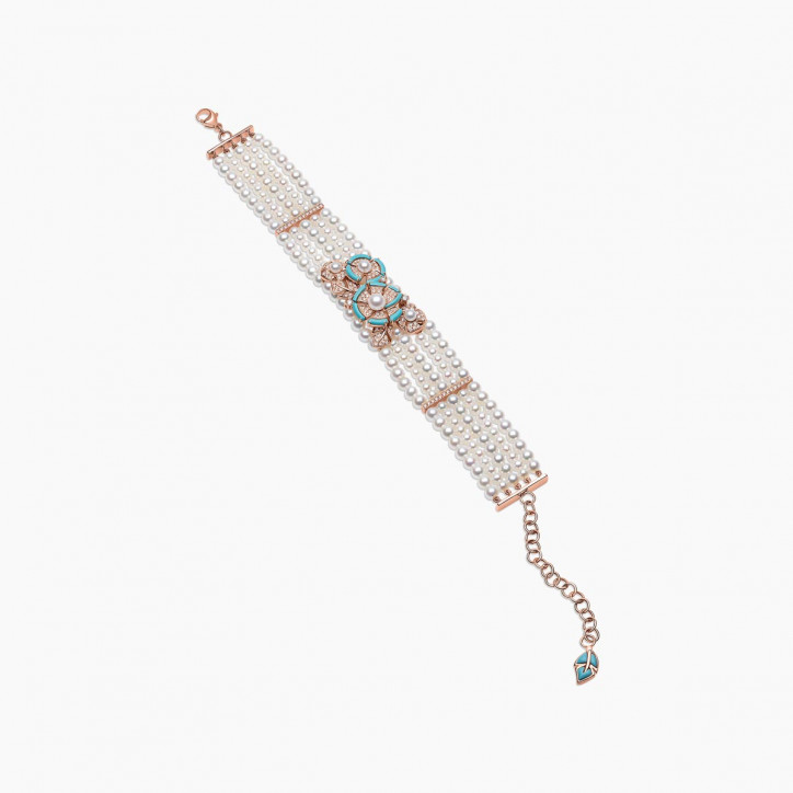 Cleopatra 18K Gold Freshwater Pearl Diamond and Turquoise Bracelet
