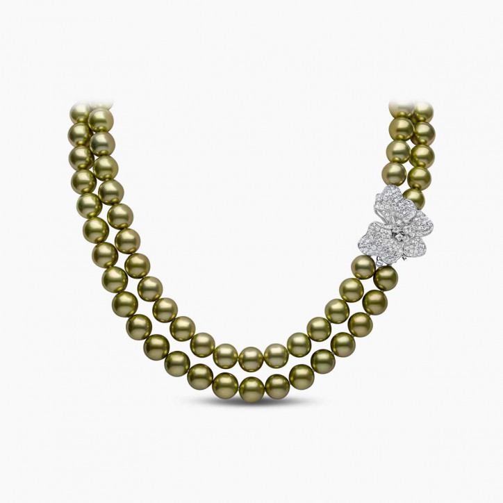 Contessa 18K Gold Pistachio Tahitian Pearl Double Row Flower Necklace