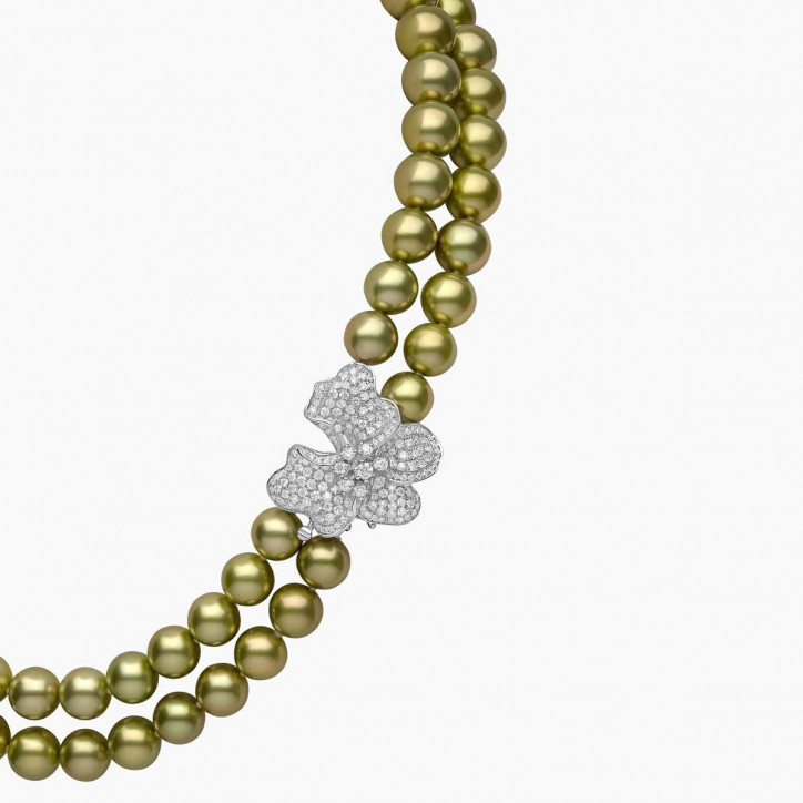Contessa 18K Gold Pistachio Tahitian Pearl Double Row Flower Necklace