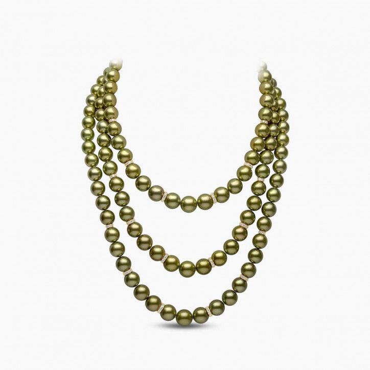 Classic 18K Gold Pistachio Tahitian Pearl Triple Row Necklace